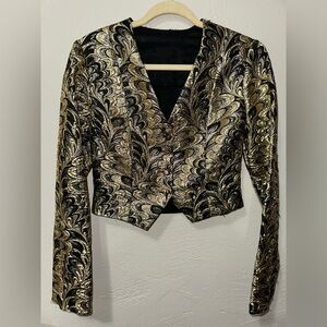 Women’s Elegant Black and Gold Button Up Cropped Textured Blazer Suit Jacket